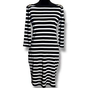 Ralph Lauren Striped Black/White 3/4 Sleeve Gold Buttons Mini Sweater Dress